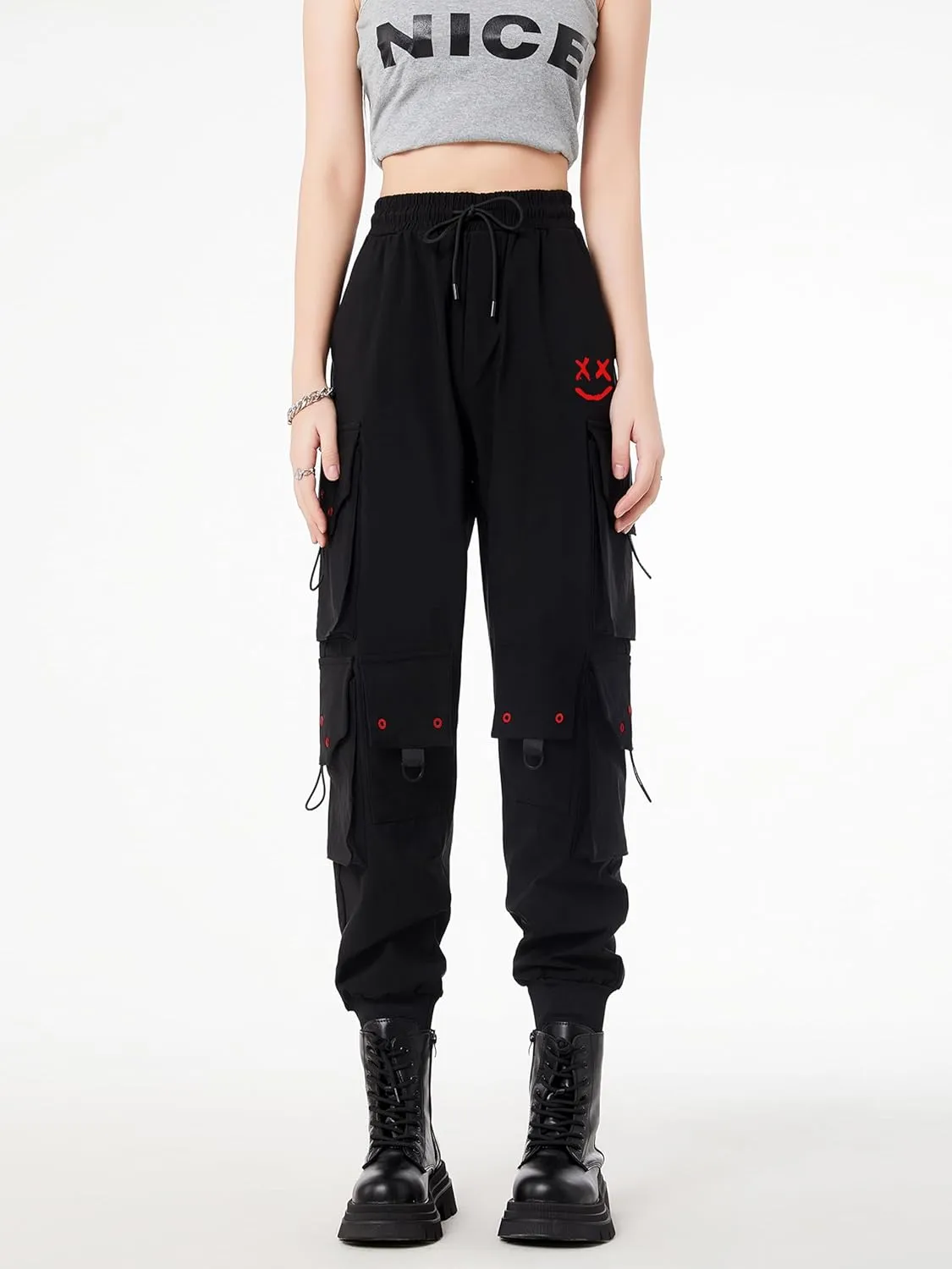 CLOAKA Cargo Pants Women Gothic Y2K High Waist Adjustable with Pockets Drawstring Street Techwear Jogger Sweatpants