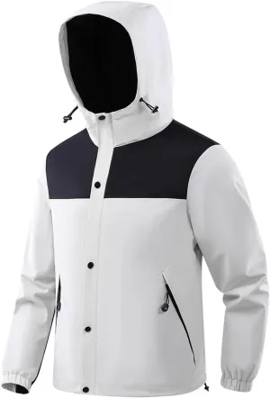 Color Block Waterproof Rain Coats for Men Women Long Sleeve Windproof Soft Shell Coat Athletic Hiking Hooded Jacket