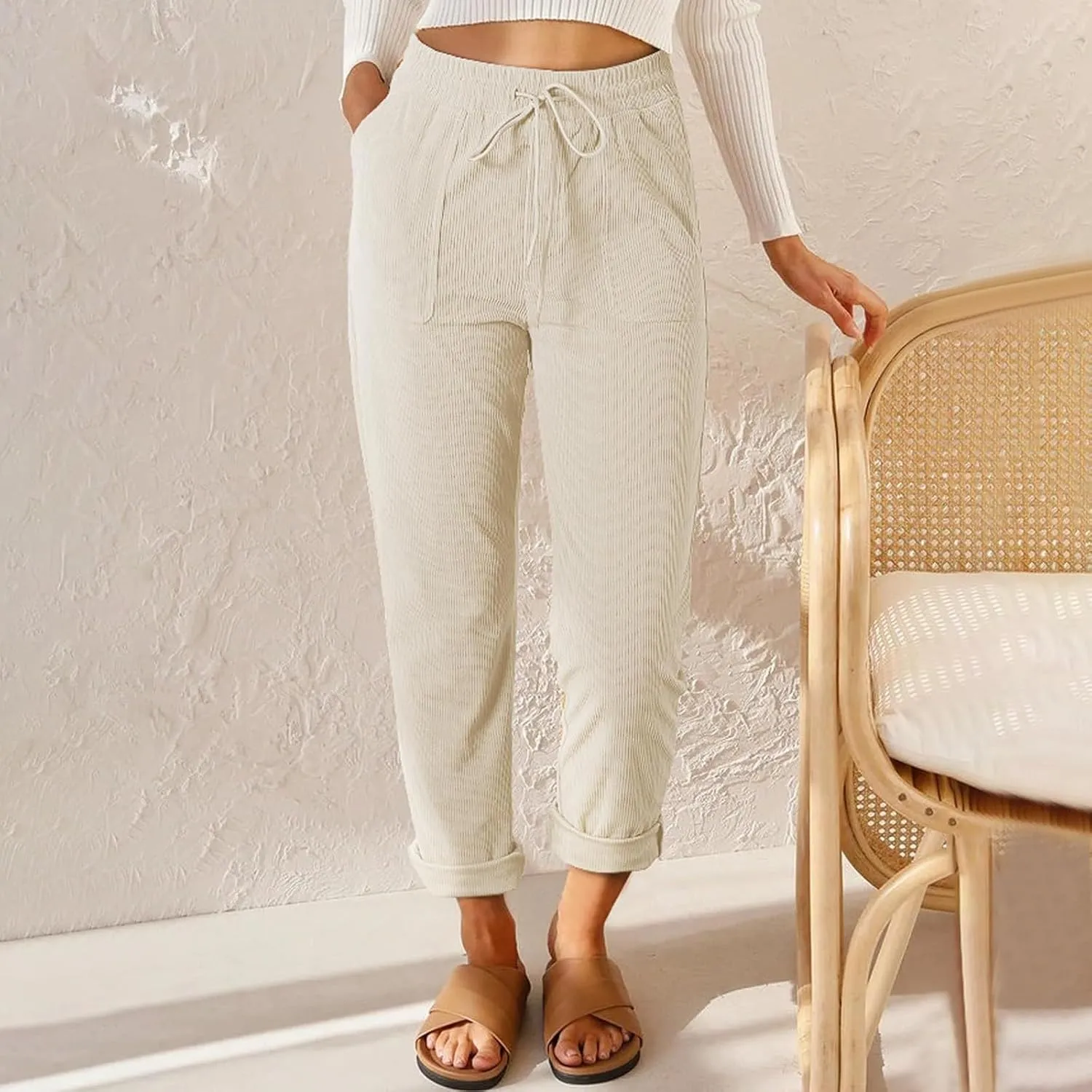Corduroy Pants Women High Waisted Drawstring Casual Straight Leg Pants Loose Comfy Lounge Pants Trousers with Pockets