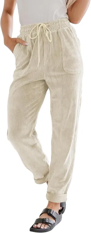 Corduroy Pants Women High Waisted Drawstring Casual Straight Leg Pants Loose Comfy Lounge Pants Trousers with Pockets