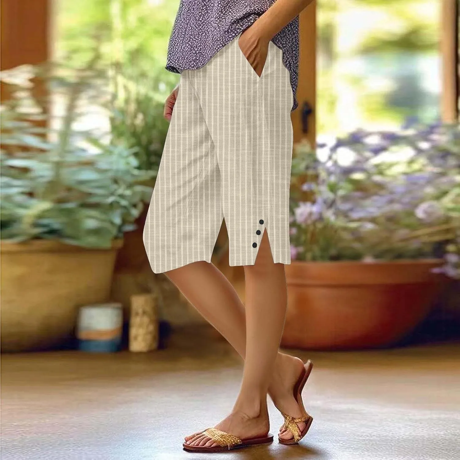 Cotton Linen Capri Pants for Women 2025 Knee Length Summer Capris Straight Leg Loose Beach Bermuda Shorts with Pocket