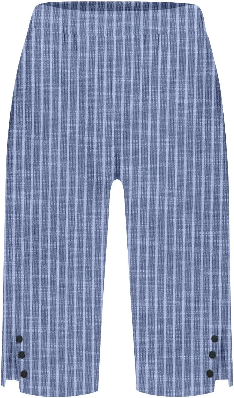 Cotton Linen Capri Pants for Women 2025 Knee Length Summer Capris Straight Leg Loose Beach Bermuda Shorts with Pocket