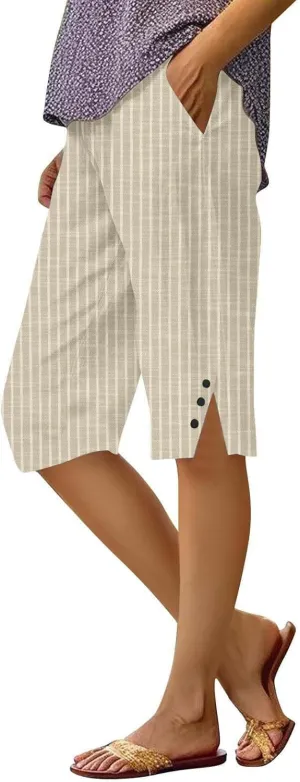 Cotton Linen Capri Pants for Women 2025 Knee Length Summer Capris Straight Leg Loose Beach Bermuda Shorts with Pocket