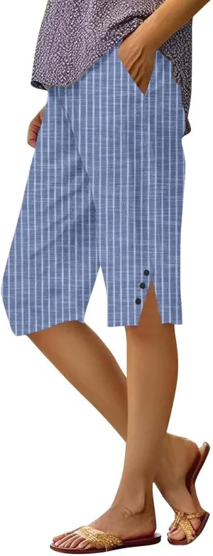 Cotton Linen Capri Pants for Women 2025 Knee Length Summer Capris Straight Leg Loose Beach Bermuda Shorts with Pocket