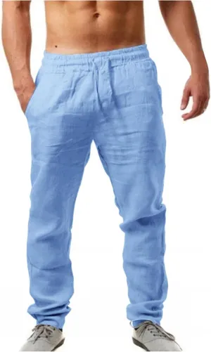 Cotton Linen Yoga Pants Men Casual Elastic Waist Summer Beach Pants Lightweight Breathable Yoga Vacation Trousers