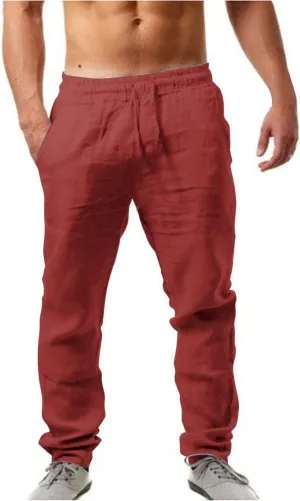 Cotton Linen Yoga Pants Men Casual Elastic Waist Summer Beach Pants Lightweight Breathable Yoga Vacation Trousers