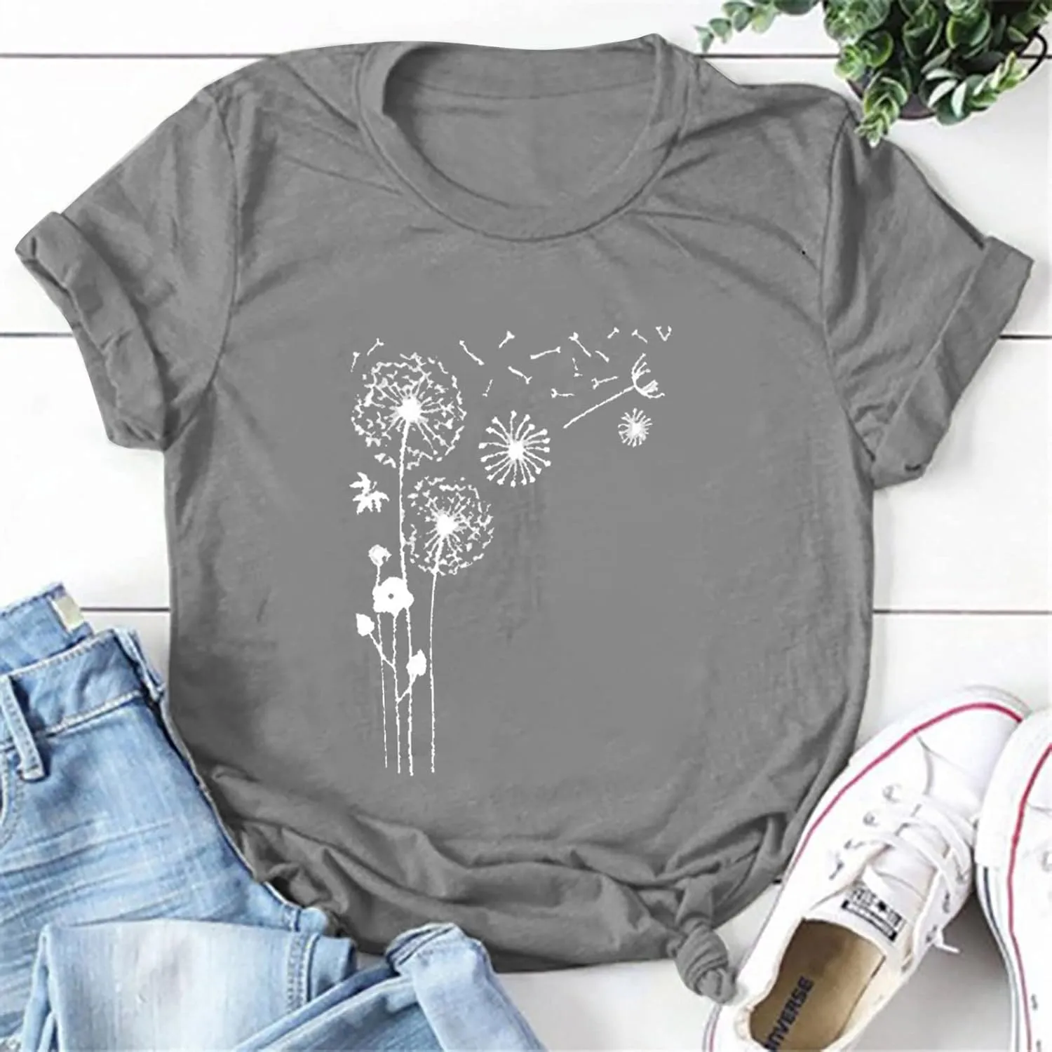 Dandelion Graphic Tees for Women Cute Dandelion Tee Shirts Casual Crew Neck T Shirts 2024 Summer Basic Top Blouse