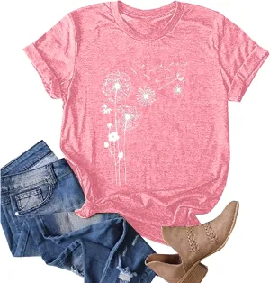 Dandelion Graphic Tees for Women Cute Dandelion Tee Shirts Casual Crew Neck T Shirts 2024 Summer Basic Top Blouse