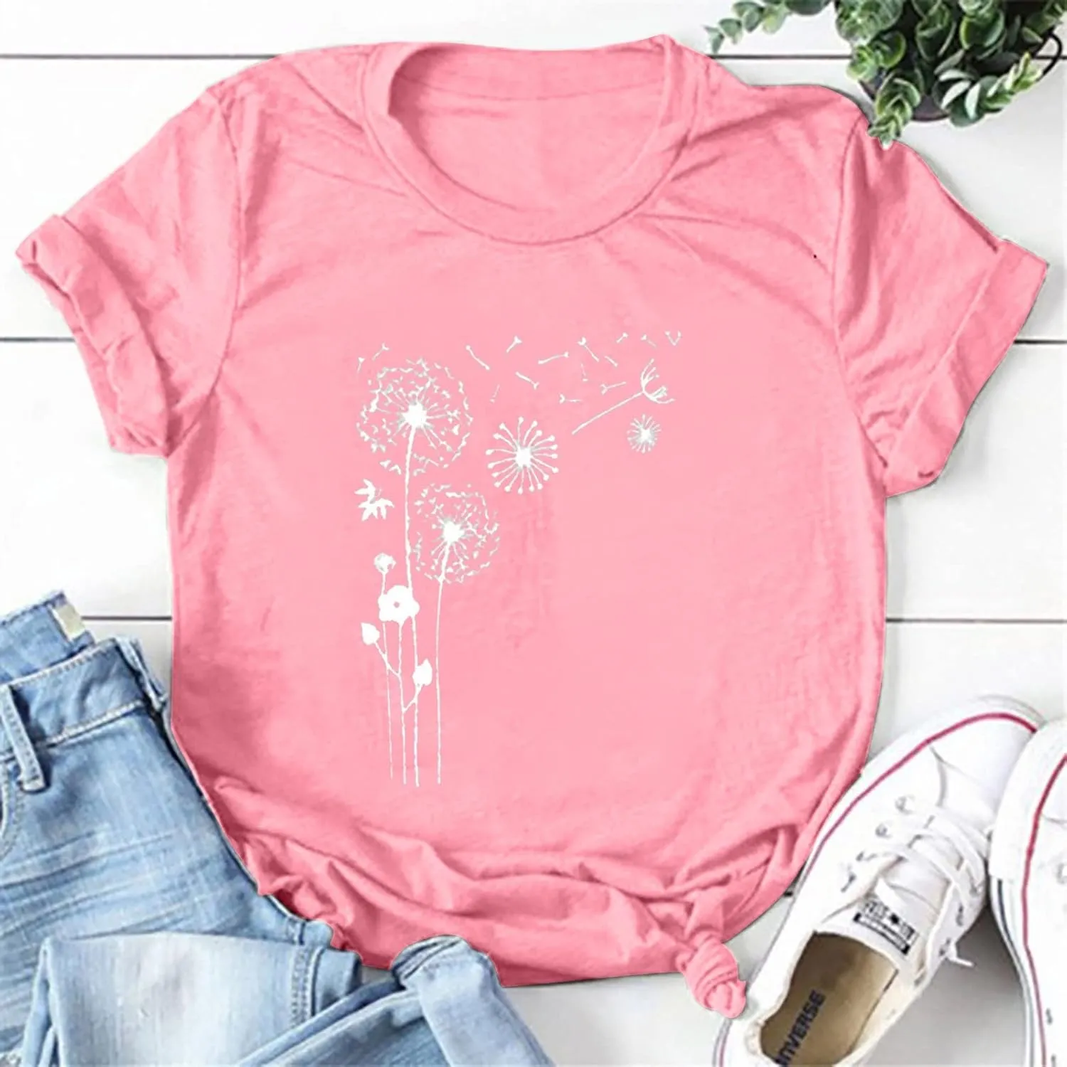 Dandelion Graphic Tees for Women Cute Dandelion Tee Shirts Casual Crew Neck T Shirts 2024 Summer Basic Top Blouse
