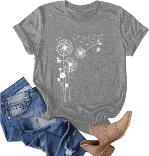Dandelion Graphic Tees for Women Cute Dandelion Tee Shirts Casual Crew Neck T Shirts 2024 Summer Basic Top Blouse