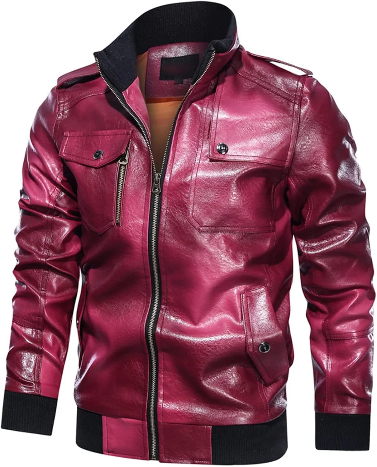 DGHM-JLMY Men Pu Leather Collar Fashion Jacket Faux Leather Jacket Vintage Motorcycle Outwear Coat Causal Stand Collar Jacket