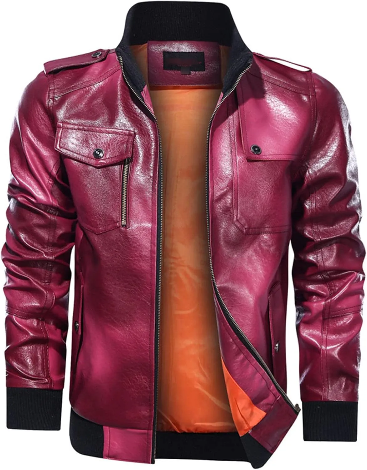 DGHM-JLMY Men Pu Leather Collar Fashion Jacket Faux Leather Jacket Vintage Motorcycle Outwear Coat Causal Stand Collar Jacket
