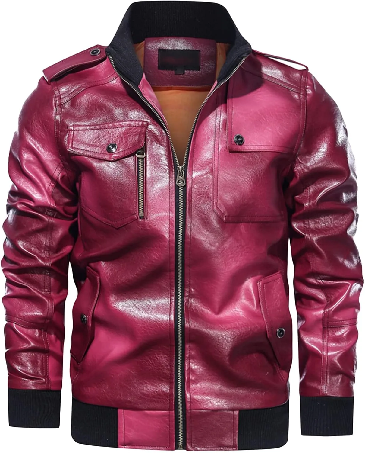 DGHM-JLMY Men Pu Leather Collar Fashion Jacket Faux Leather Jacket Vintage Motorcycle Outwear Coat Causal Stand Collar Jacket