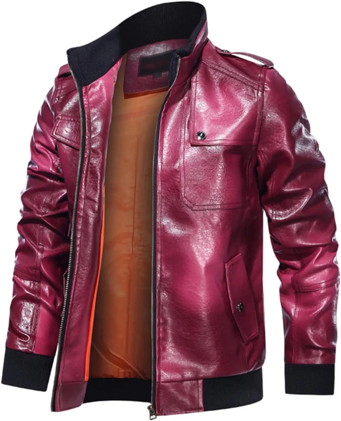 DGHM-JLMY Men Pu Leather Collar Fashion Jacket Faux Leather Jacket Vintage Motorcycle Outwear Coat Causal Stand Collar Jacket