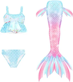 𝙈ermaid Swimsuit with 𝙏ail for 𝙂irls Summer Bikini Set 3 Piece Rash Guard Bathing Suit Quick Dry Swimwear 𝙆ids