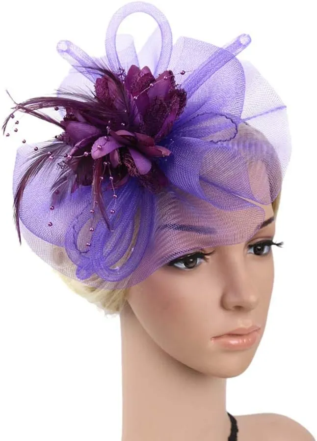 Fascinators for Women Tea Party Headband Hats Cocktail Flower Mesh Feathers Headwear Hair Clip for Wedding