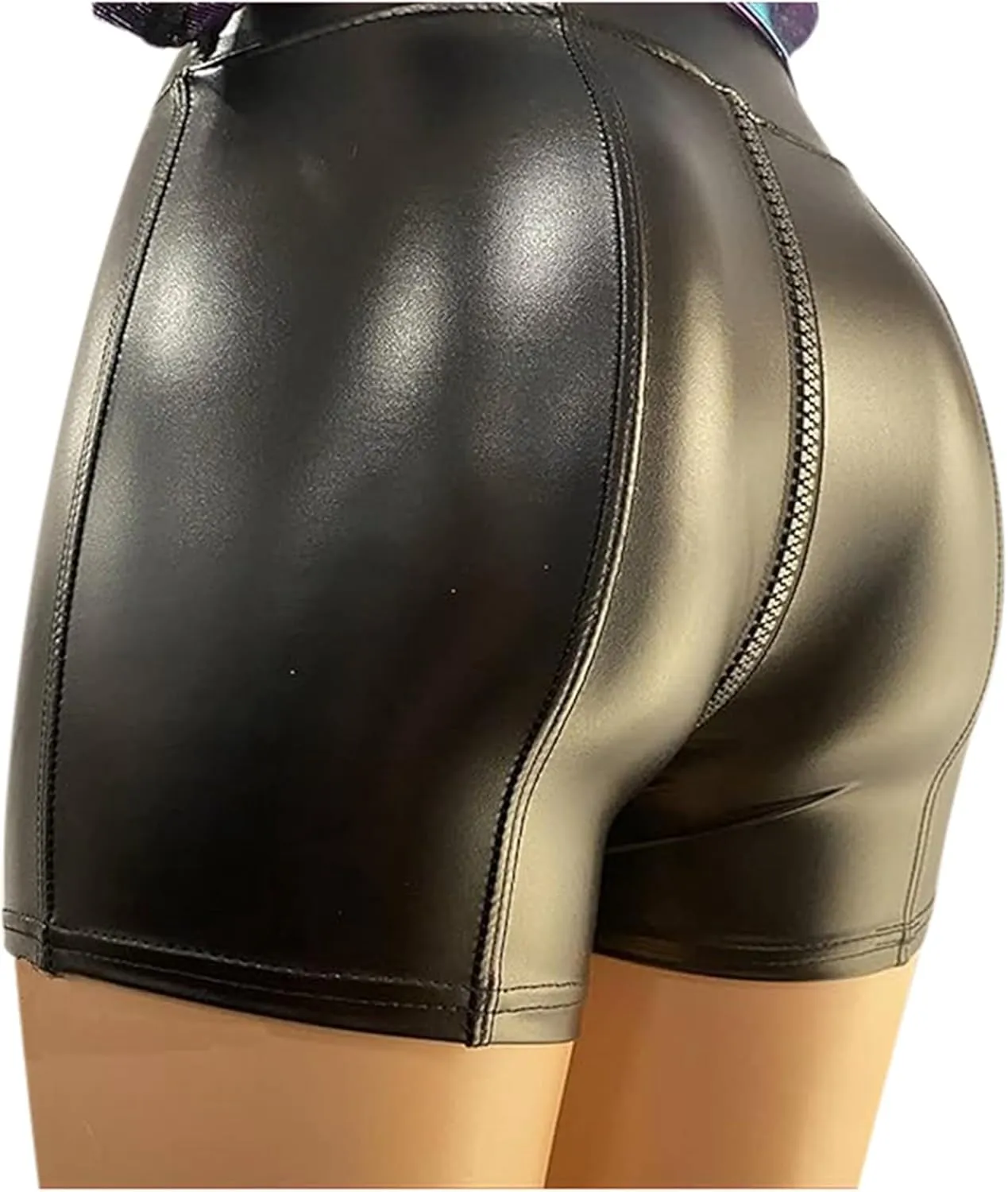 Faux Leather Shorts for Women Sexy Zipper Crotch High Waisted Pu Pleather Shorts Elastic Skinny Mini Black Hot Pants
