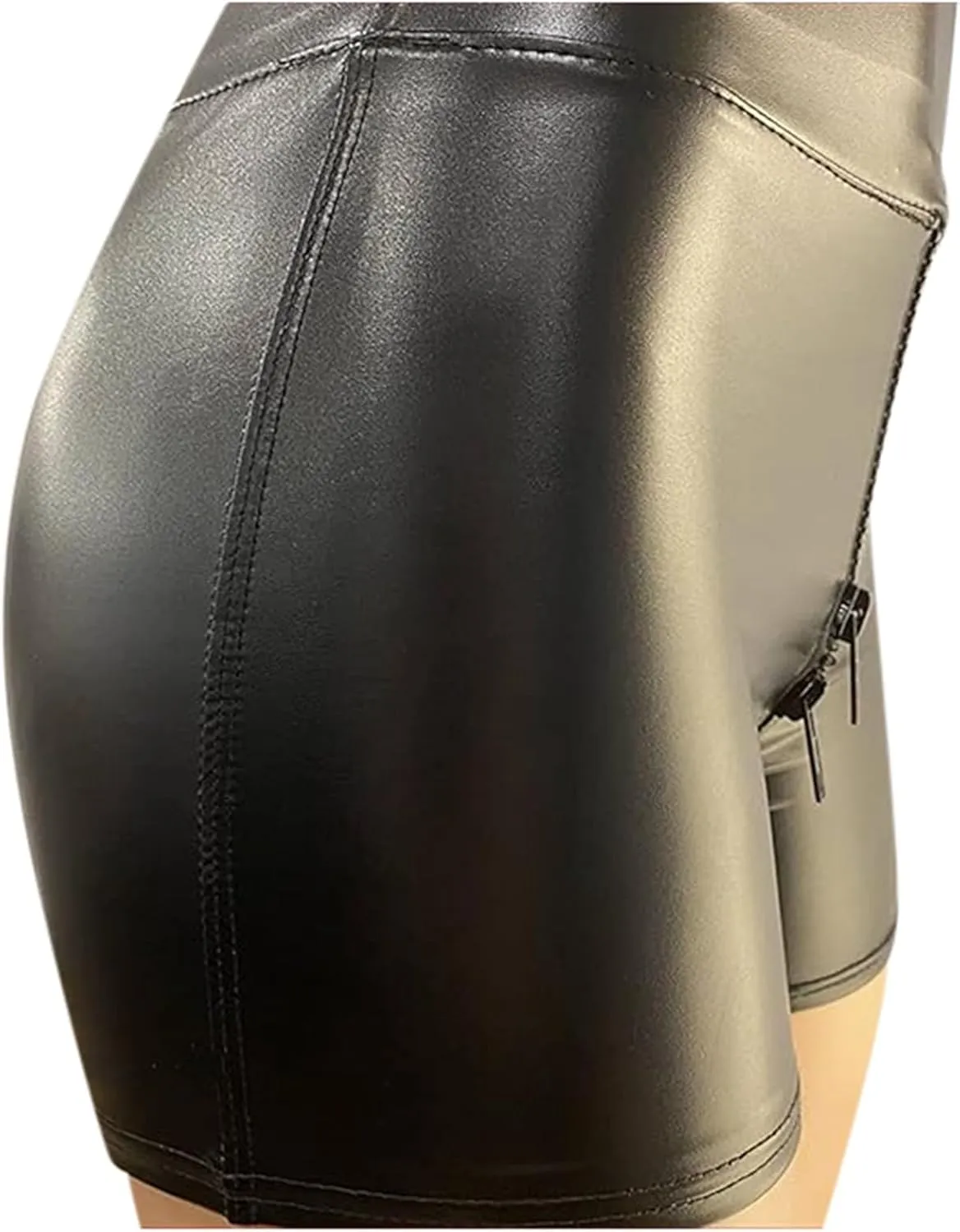 Faux Leather Shorts for Women Sexy Zipper Crotch High Waisted Pu Pleather Shorts Elastic Skinny Mini Black Hot Pants