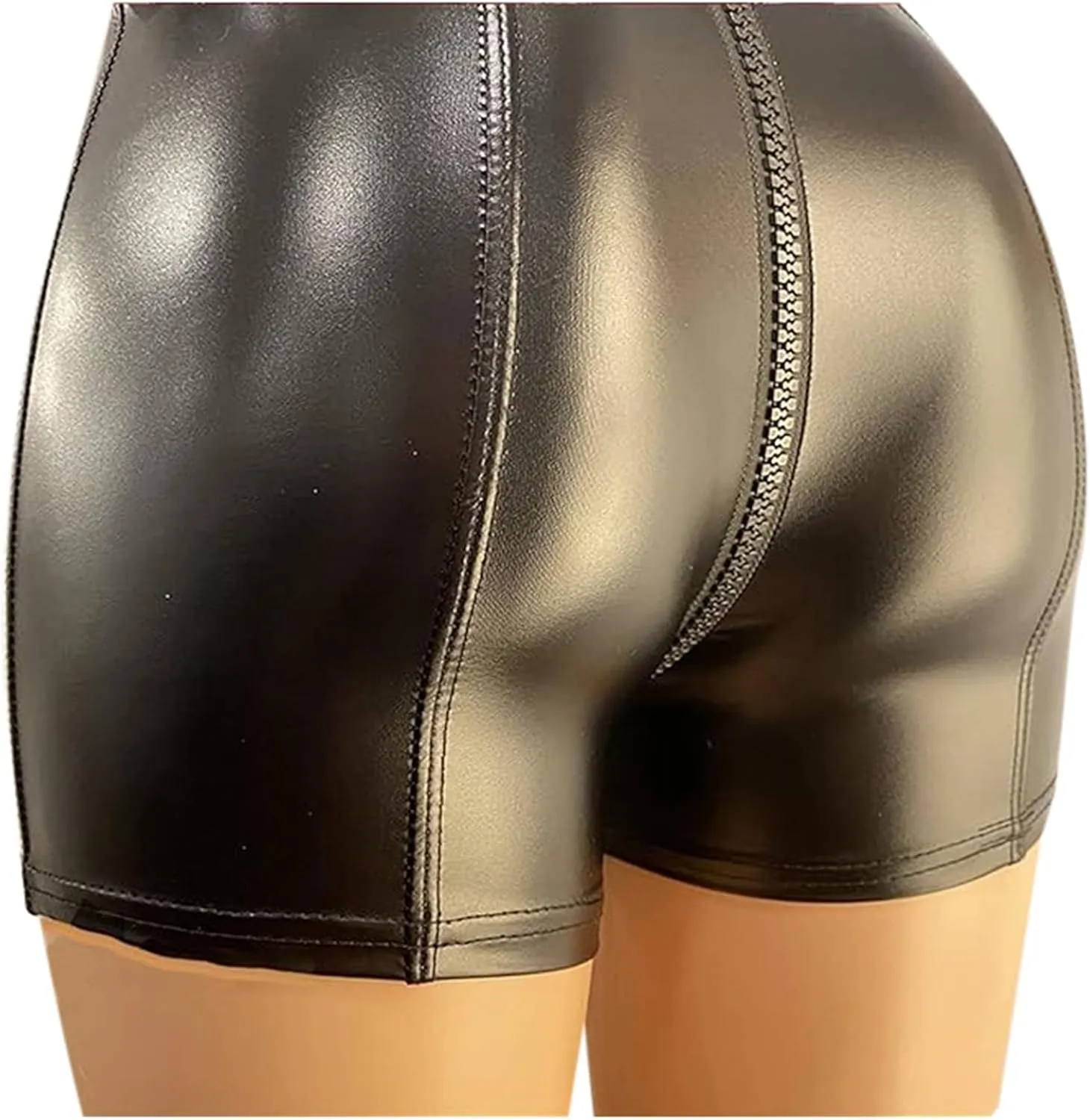 Faux Leather Shorts for Women Sexy Zipper Crotch High Waisted Pu Pleather Shorts Elastic Skinny Mini Black Hot Pants