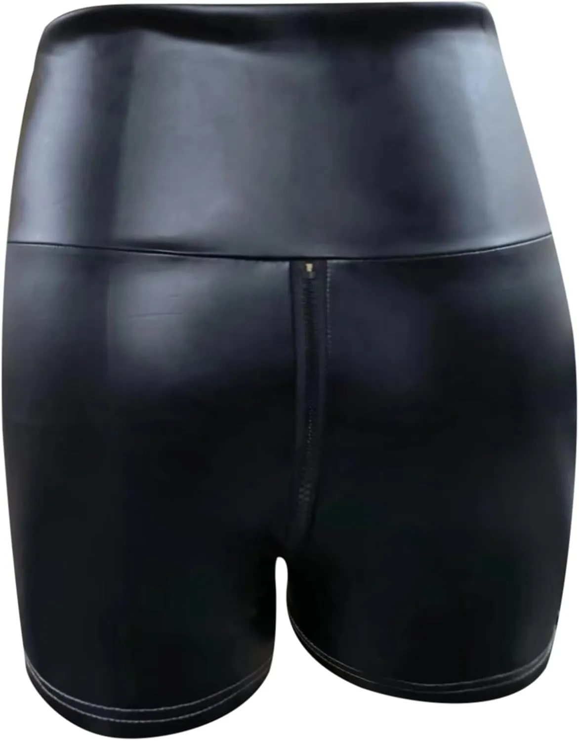 Faux Leather Shorts for Women Sexy Zipper Crotch High Waisted Pu Pleather Shorts Elastic Skinny Mini Black Hot Pants