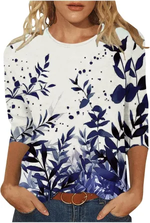 Funny Floral Printed T Shirts for Women 3/4 Length Sleeve Summer Tops Crewneck Three Quarters Tunic Tees