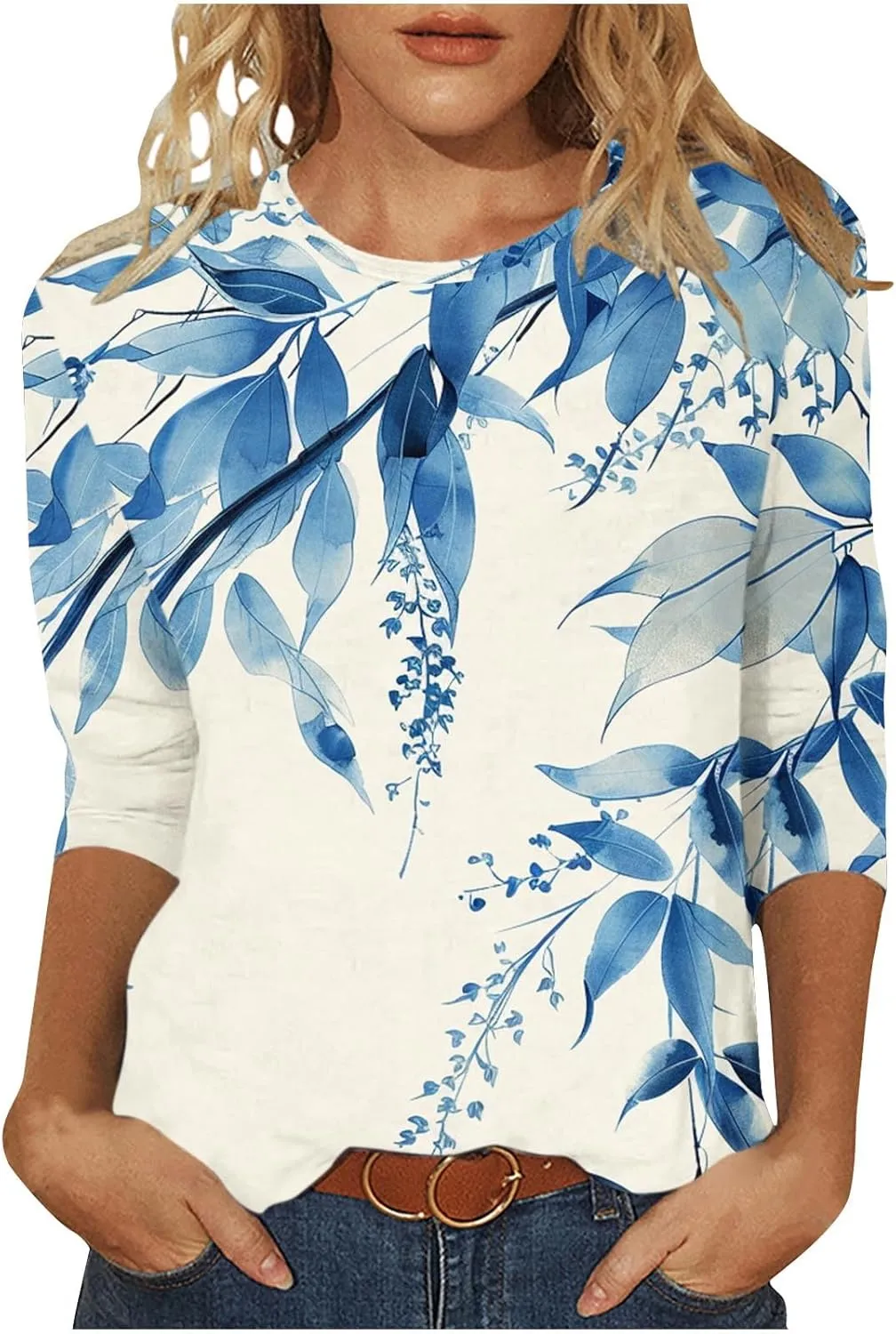 Funny Floral Printed T Shirts for Women 3/4 Length Sleeve Summer Tops Crewneck Three Quarters Tunic Tees