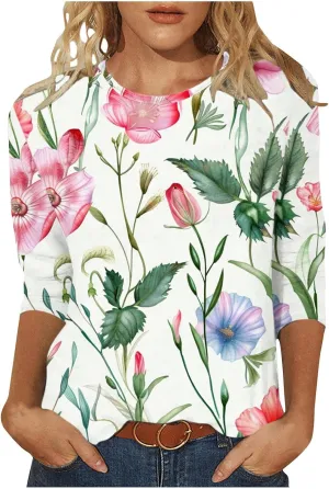 Funny Floral Printed T Shirts for Women 3/4 Length Sleeve Summer Tops Crewneck Three Quarters Tunic Tees