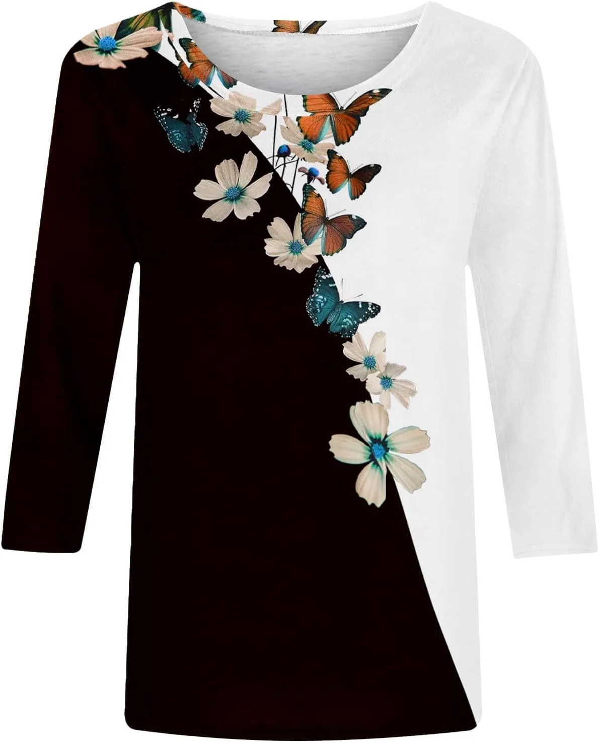 Funny Floral Printed T Shirts for Women 3/4 Length Sleeve Summer Tops Crewneck Three Quarters Tunic Tees
