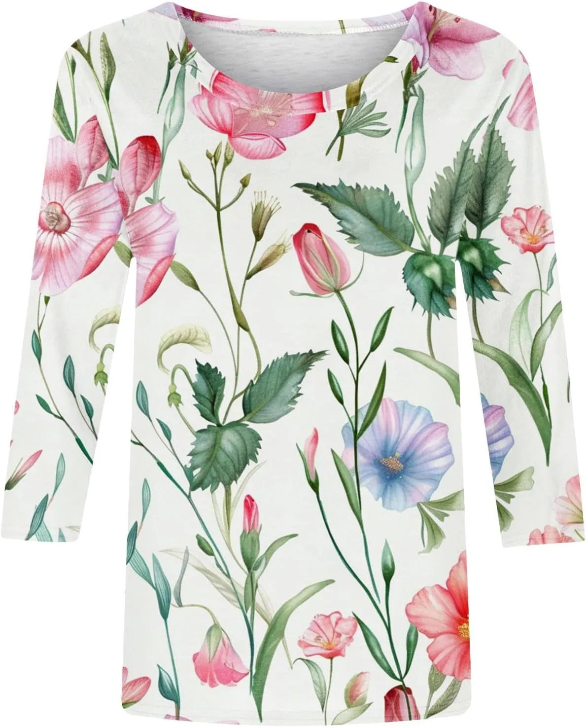 Funny Floral Printed T Shirts for Women 3/4 Length Sleeve Summer Tops Crewneck Three Quarters Tunic Tees