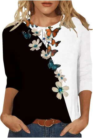 Funny Floral Printed T Shirts for Women 3/4 Length Sleeve Summer Tops Crewneck Three Quarters Tunic Tees