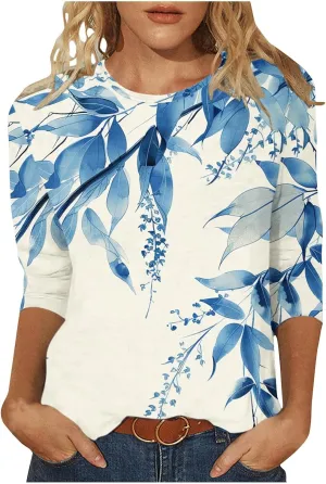 Funny Floral Printed T Shirts for Women 3/4 Length Sleeve Summer Tops Crewneck Three Quarters Tunic Tees