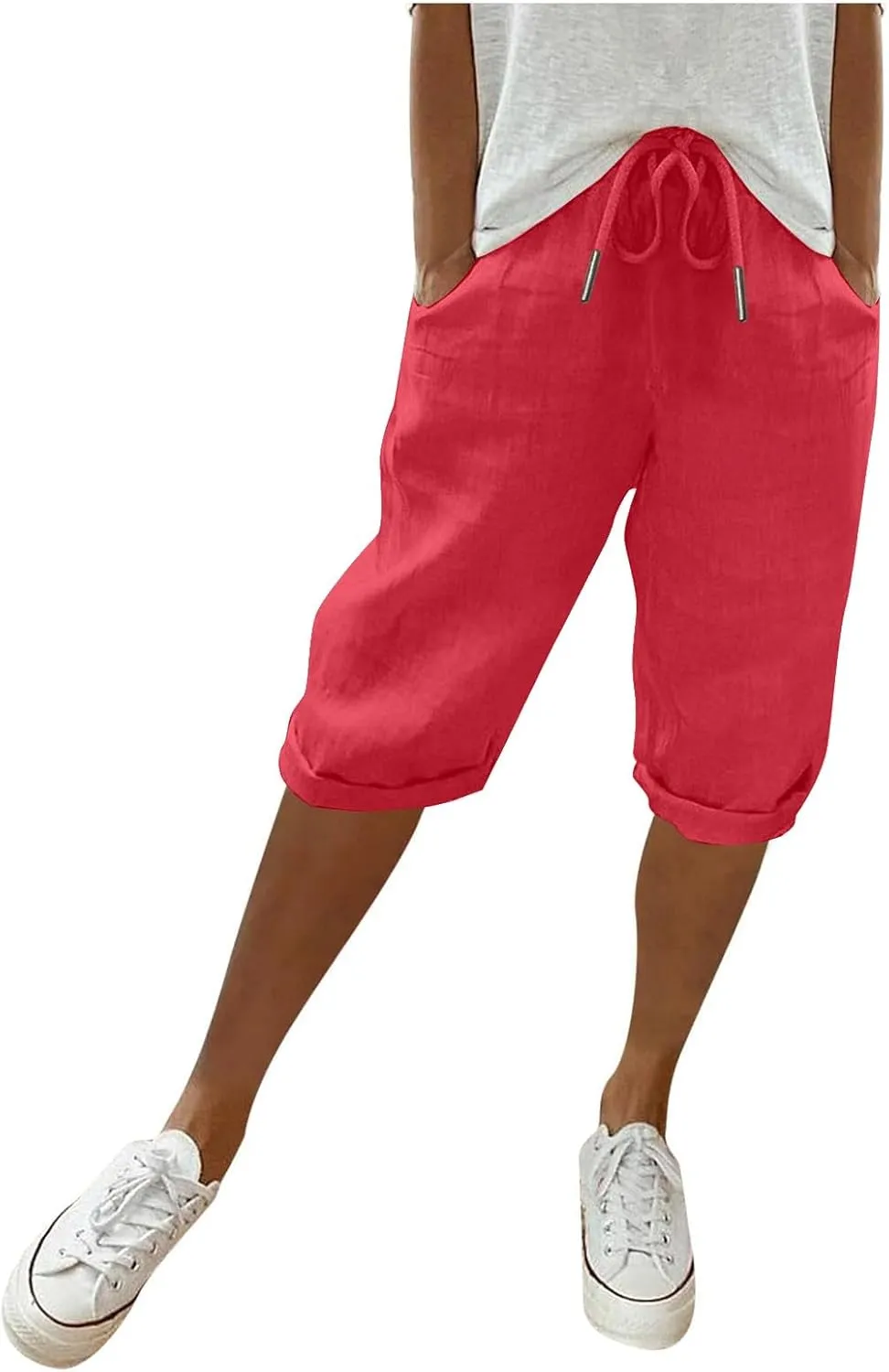 Gcvizuso Linen Shorts for Women Summer Casual Solid Pants High Waisted Drawstring Short 2024 Beach Bermuda Capris Pants
