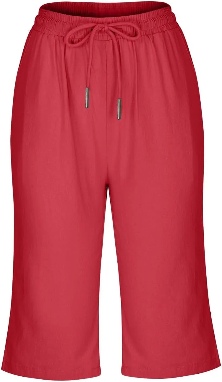 Gcvizuso Linen Shorts for Women Summer Casual Solid Pants High Waisted Drawstring Short 2024 Beach Bermuda Capris Pants