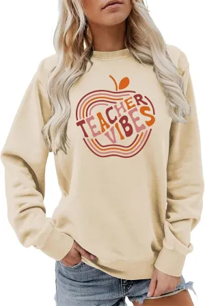 GIERIDUC Teacher Crewneck Sweatshirts for Women Womens Pullover Sweaters Long Sleeve Letter Graphic Sweater Collared Sweater