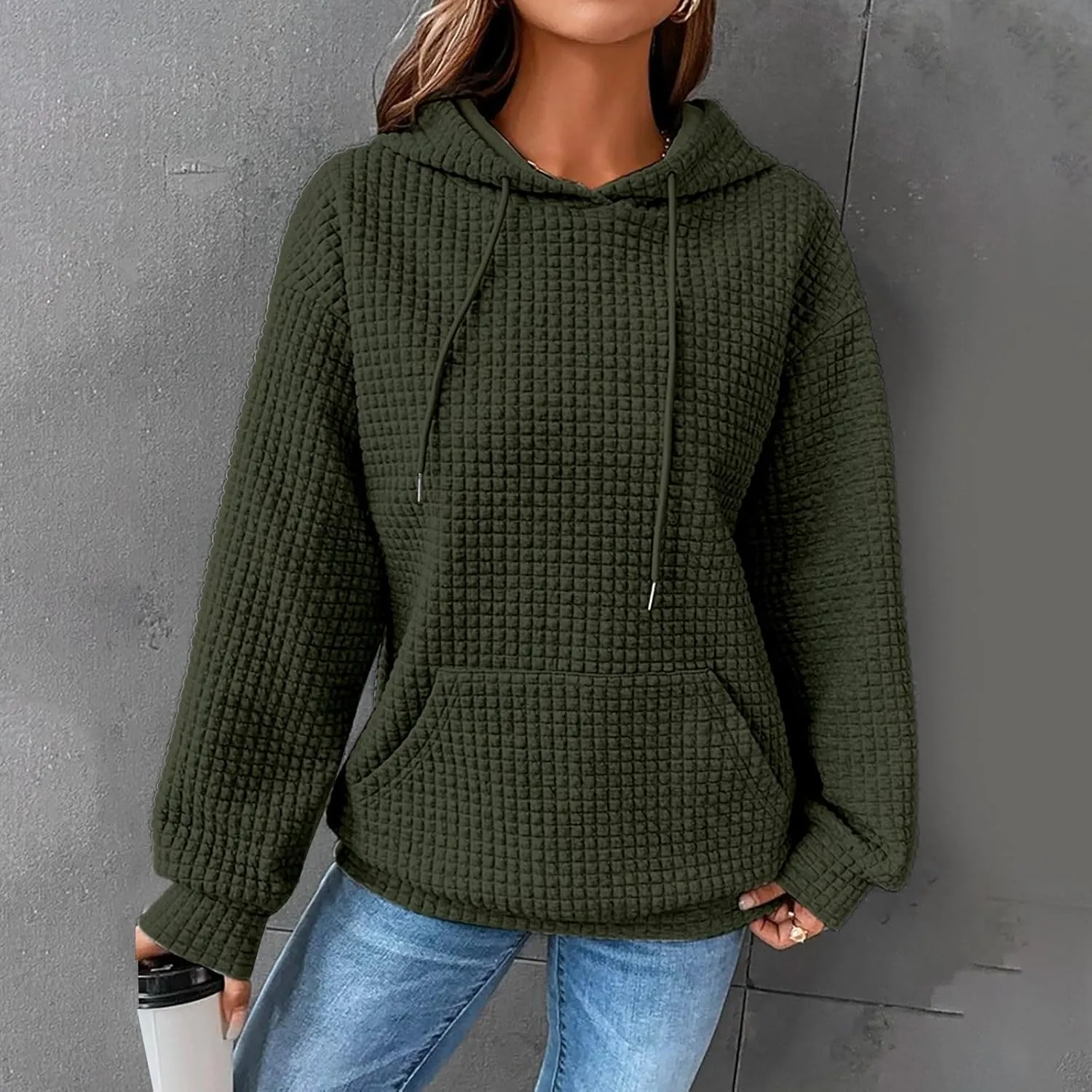 GIERIDUC Womens Oversized Hoodies Fall Winter Casual Waffle Plaid Sweatshirt Pockets Long Sleeve Drawstring Hooded Pullover