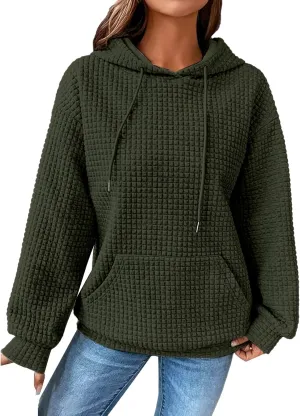 GIERIDUC Womens Oversized Hoodies Fall Winter Casual Waffle Plaid Sweatshirt Pockets Long Sleeve Drawstring Hooded Pullover