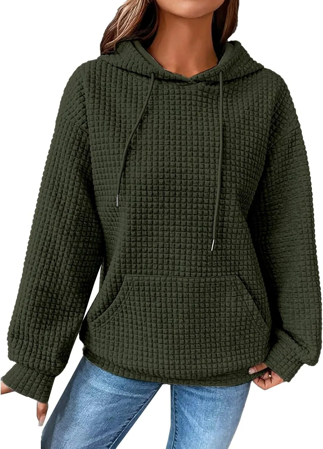 GIERIDUC Womens Oversized Hoodies Fall Winter Casual Waffle Plaid Sweatshirt Pockets Long Sleeve Drawstring Hooded Pullover