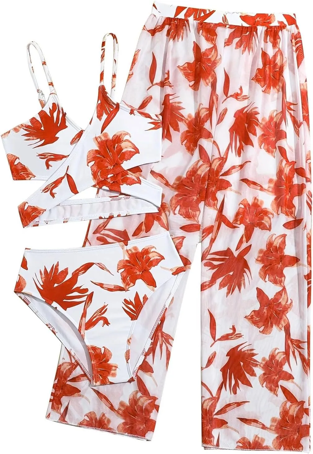 Girls 3 Pieces Bikini Bathing Suit Tropical Floral Bikini Set with Cover Up Pants Quick-Dry Swimwear