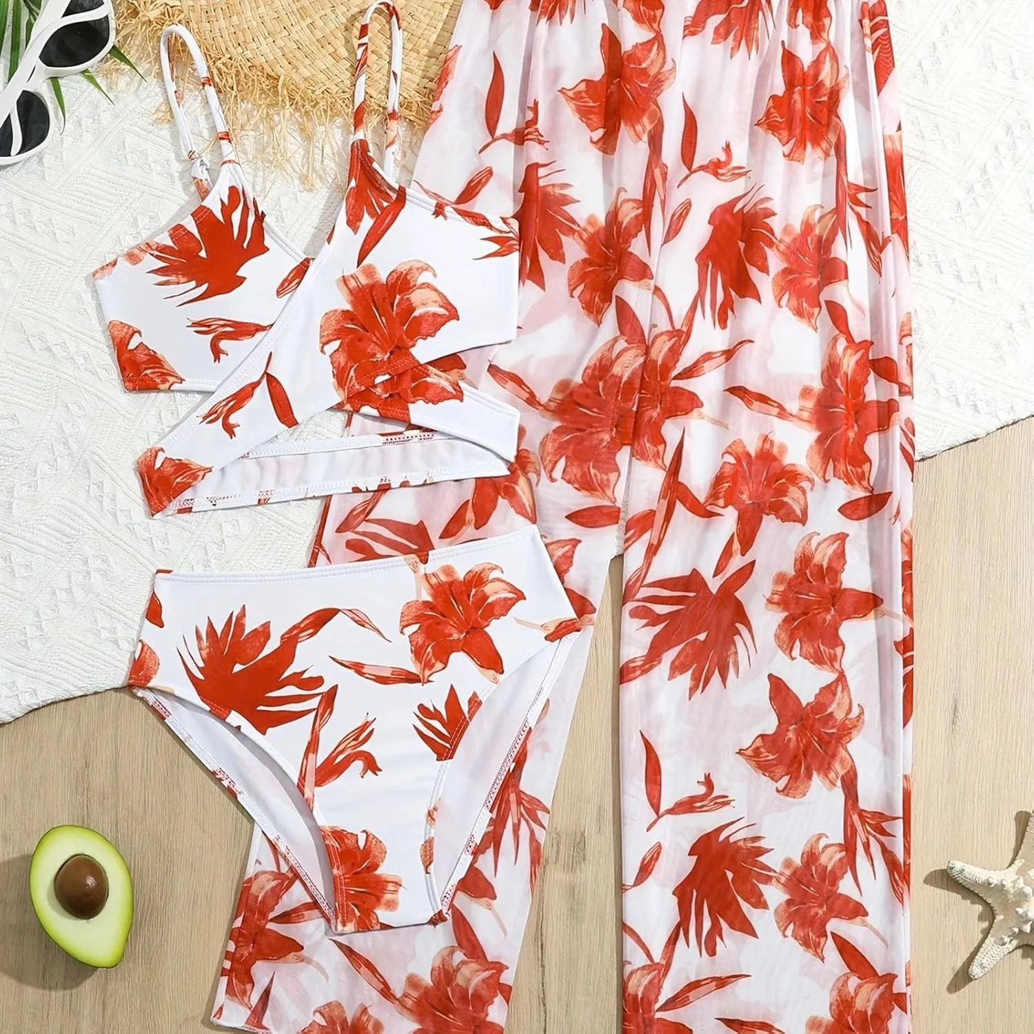 Girls 3 Pieces Bikini Bathing Suit Tropical Floral Bikini Set with Cover Up Pants Quick-Dry Swimwear