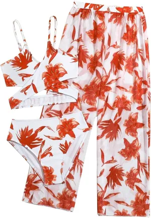 Girls 3 Pieces Bikini Bathing Suit Tropical Floral Bikini Set with Cover Up Pants Quick-Dry Swimwear