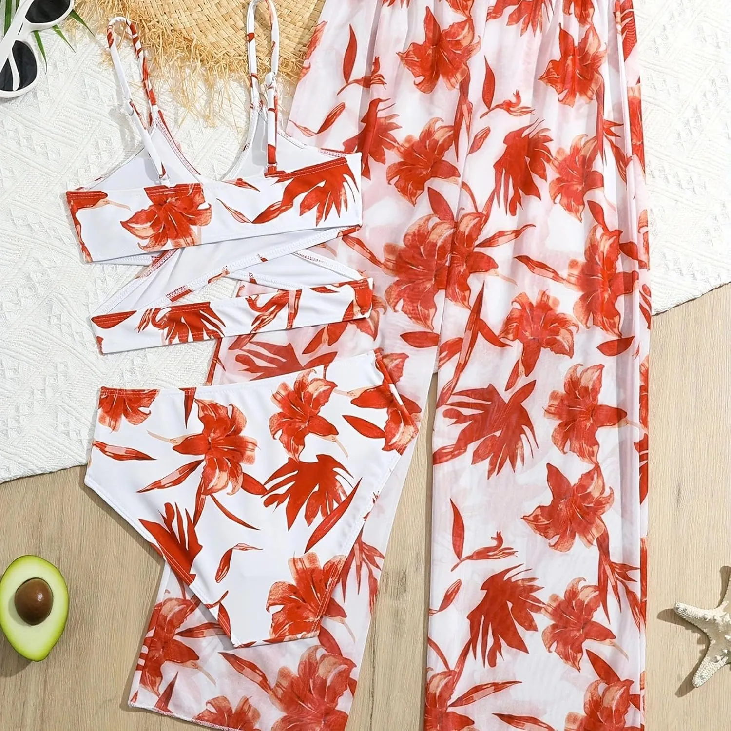 Girls 3 Pieces Bikini Bathing Suit Tropical Floral Bikini Set with Cover Up Pants Quick-Dry Swimwear