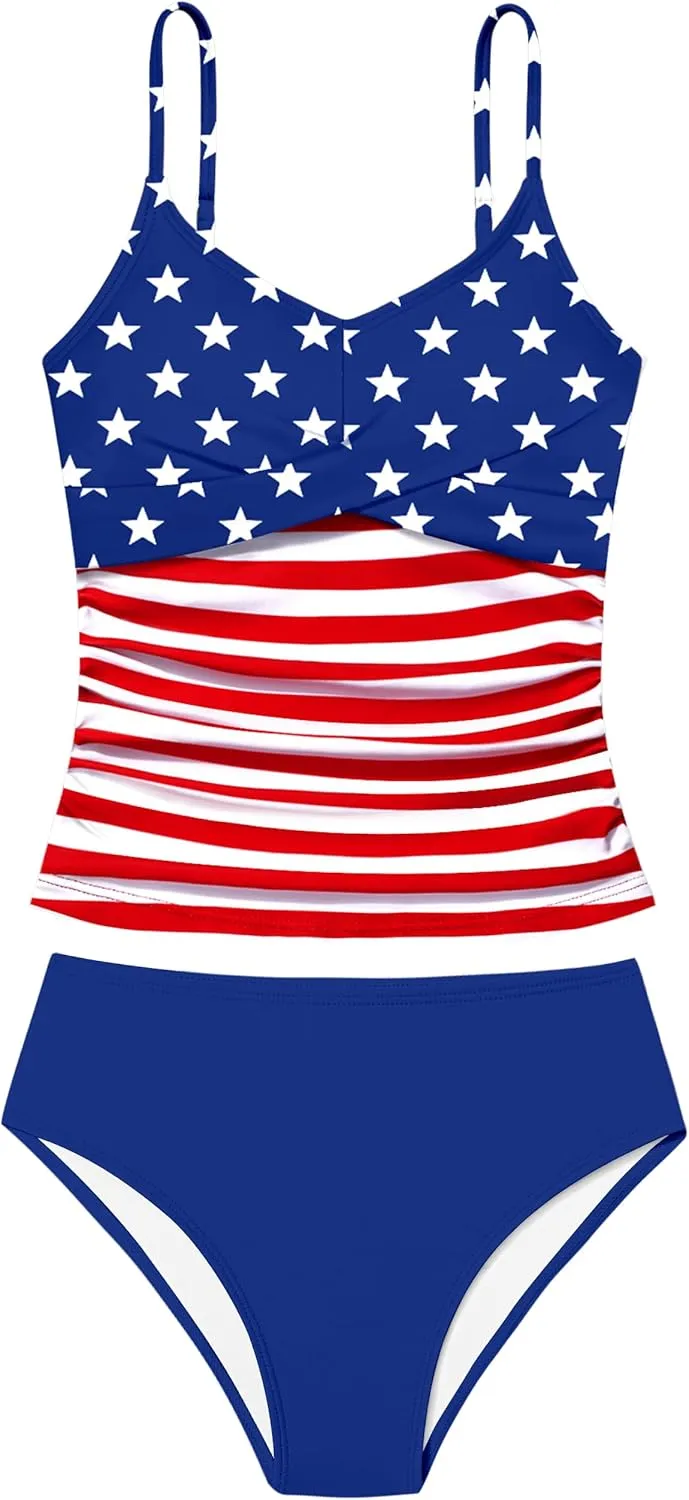 Girls Swimsuit 2 Piece Bathing Suit Criss Cross Ruched Girl Tankini Sets Printed Girls' Swimwear for 9-18 Years
