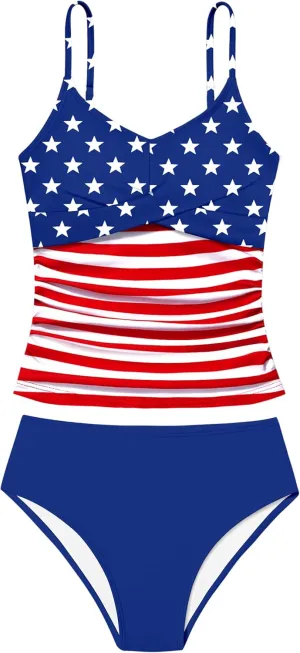 Girls Swimsuit 2 Piece Bathing Suit Criss Cross Ruched Girl Tankini Sets Printed Girls' Swimwear for 9-18 Years