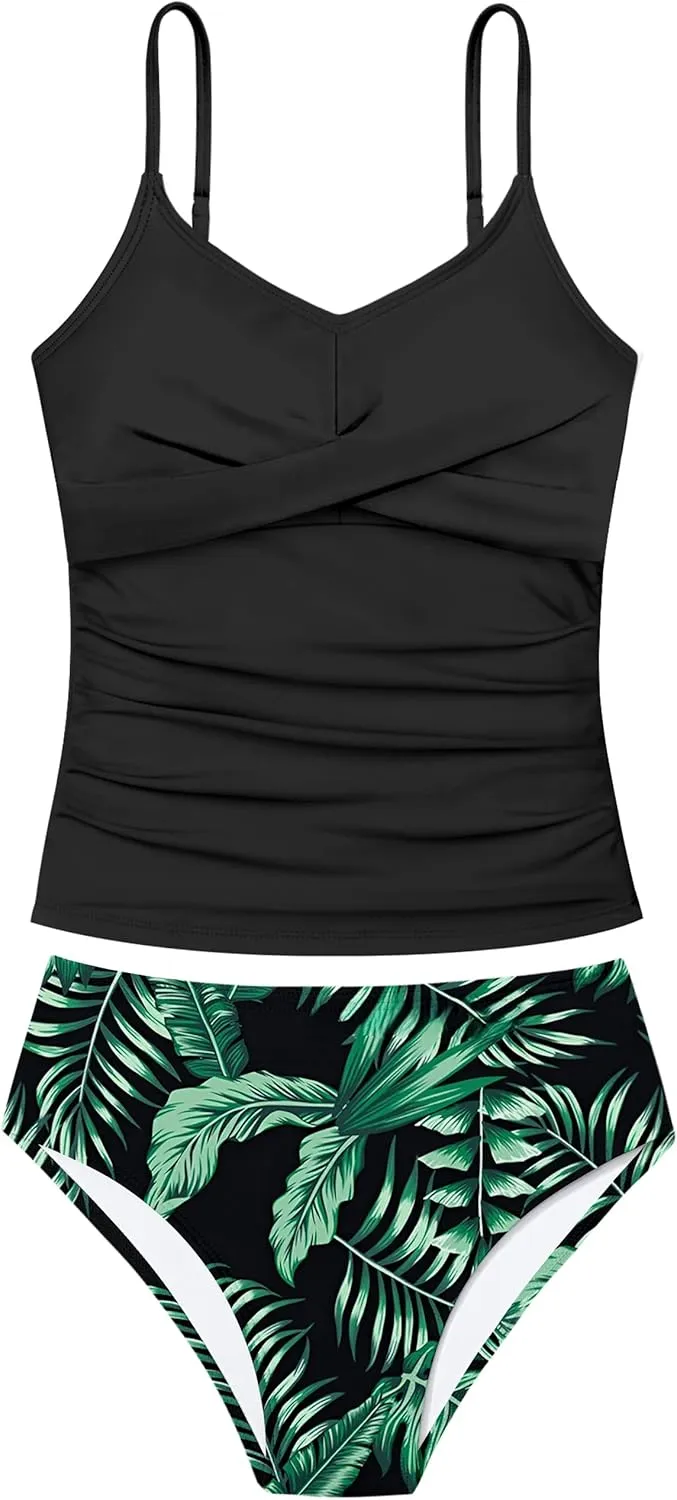 Girls Swimsuit 2 Piece Bathing Suit Criss Cross Ruched Girl Tankini Sets Printed Girls' Swimwear for 9-18 Years