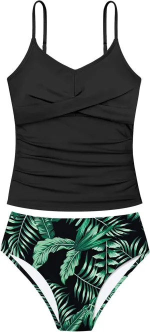 Girls Swimsuit 2 Piece Bathing Suit Criss Cross Ruched Girl Tankini Sets Printed Girls' Swimwear for 9-18 Years