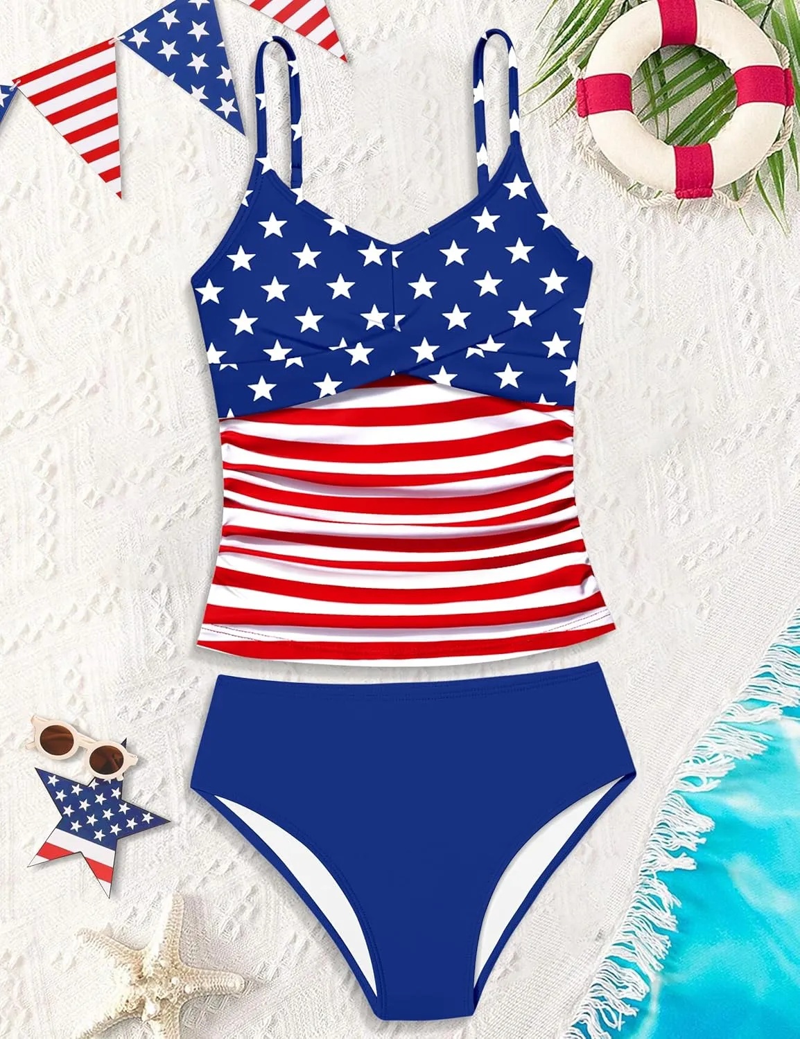 Girls Swimsuit 2 Piece Bathing Suit Criss Cross Ruched Girl Tankini Sets Printed Girls' Swimwear for 9-18 Years