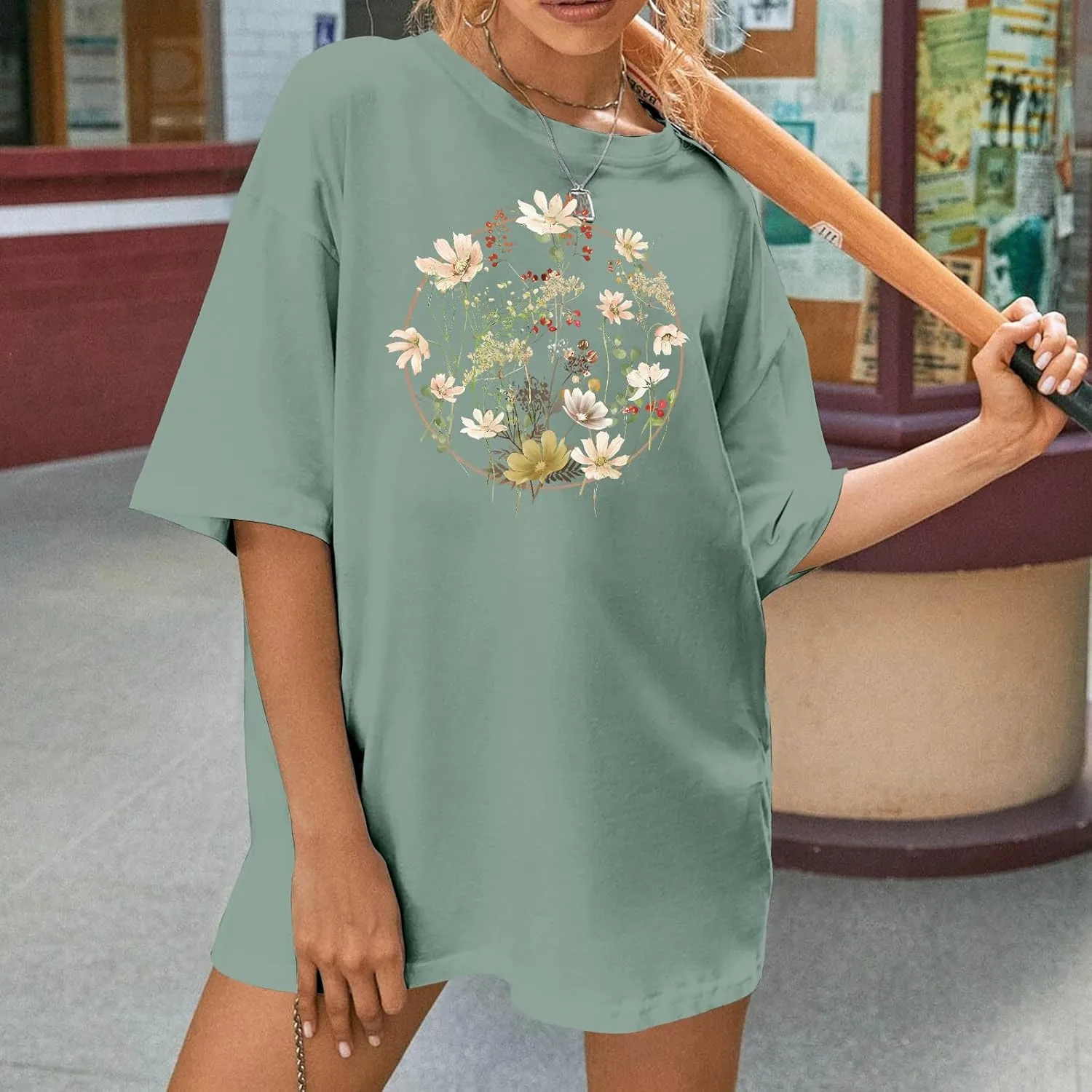 Graphic Shirts for Women Oversized Tshirt Flower Graphic Tee Boho Wildflower Christian Casual Summer Tops