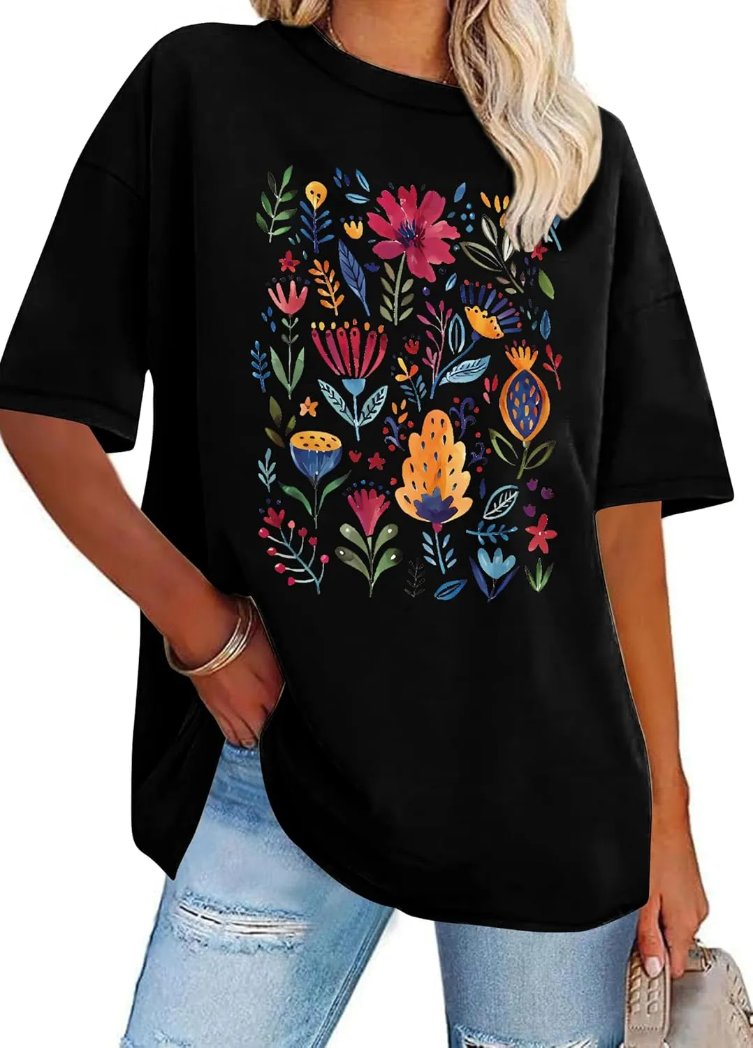 Graphic Shirts for Women Oversized Tshirt Flower Graphic Tee Boho Wildflower Christian Casual Summer Tops