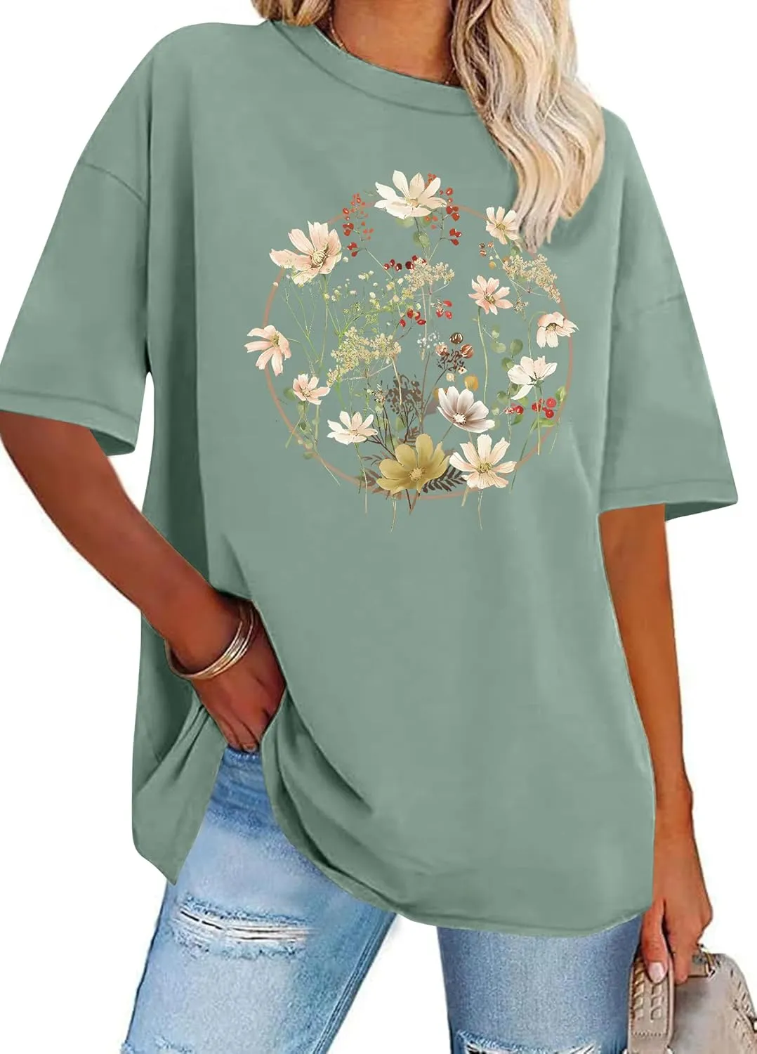 Graphic Shirts for Women Oversized Tshirt Flower Graphic Tee Boho Wildflower Christian Casual Summer Tops