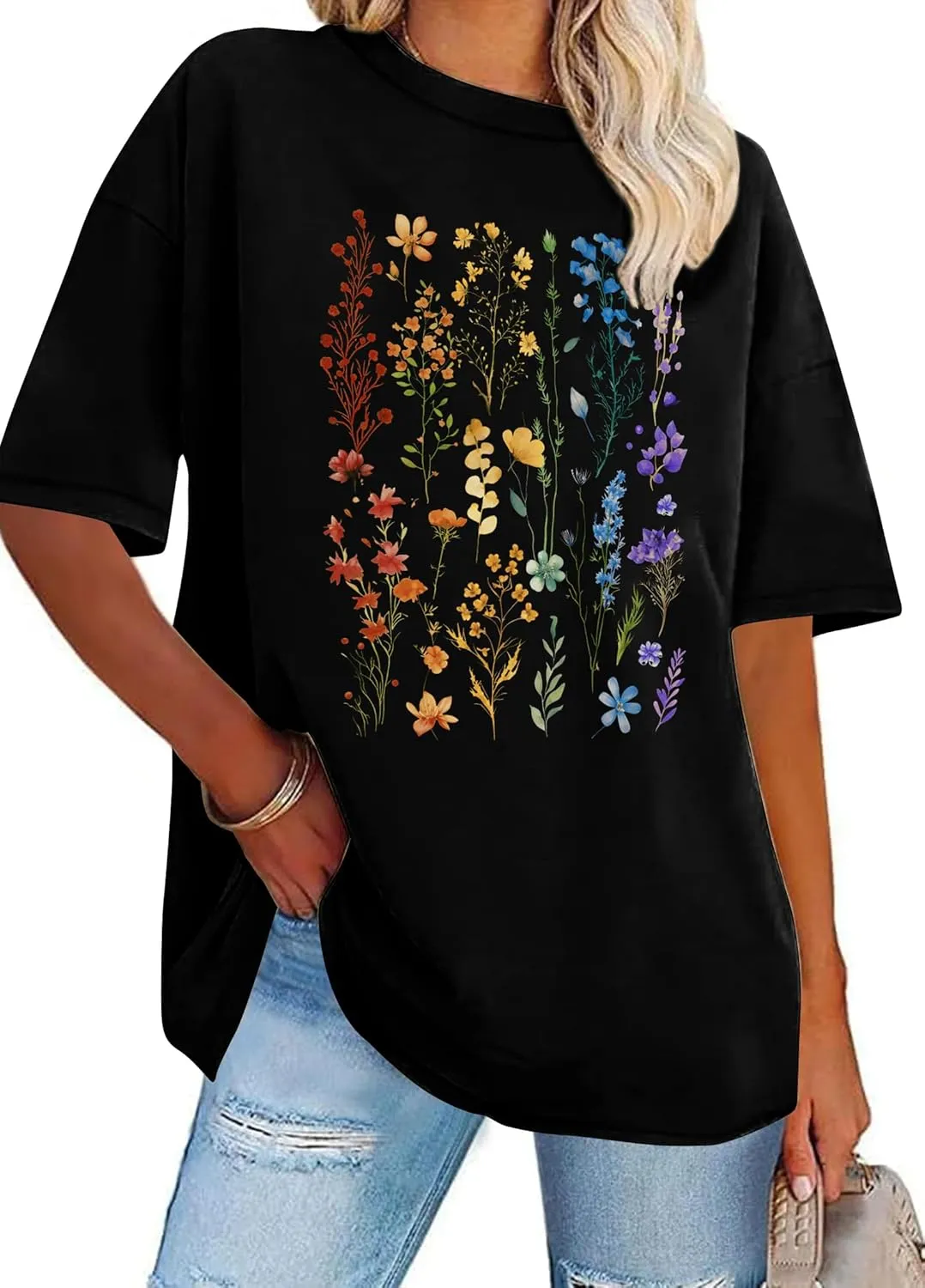 Graphic Shirts for Women Oversized Tshirt Flower Graphic Tee Boho Wildflower Christian Casual Summer Tops